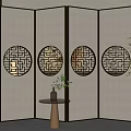 Four Panel Room Divider with Circular Lattice Patterns Modern Chinese Style Light Panels Dark Frames 3d model
