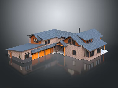 Spacious Modern House Exterior With Blue Roof And Wooden Siding 3d model