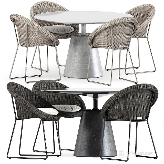 Modern Wicker Table and Chair Set with Conical Metal Base and Cushioned Seats 3d model 