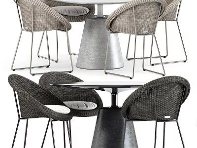 Modern Wicker Table and Chair Set with Conical Metal Base and Cushioned Seats 3d model