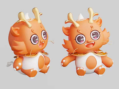 Cute Orange Horned Plush Dolls With Big Eyes White Bellies And Golden Collars 3d model