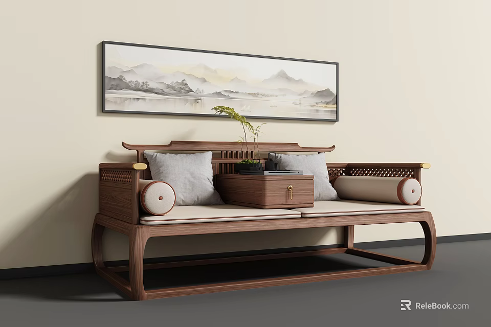 Traditional Chinese Wooden Luohan Bed With Soft Cushions And Hanging Landscape Painting 3d model 