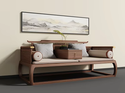 Traditional Chinese Wooden Luohan Bed With Soft Cushions And Hanging Landscape Painting 3d model