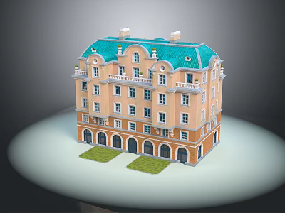 Cartoon Style Building With Orange Walls Green Roof Arched Doors And Small Lawns 3d model