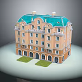 Cartoon Style Building With Orange Walls Green Roof Arched Doors And Small Lawns