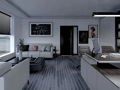 Modern Office Interior Design With Sofa Coffee Table Desk Computer Wall Art And Striped Carpet 3d model