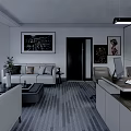 Modern Office Interior Design With Sofa Coffee Table Desk Computer Wall Art And Striped Carpet
