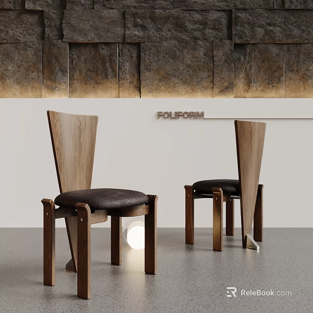 Modern Wooden Dining Chairs With Black Seats And Stone Textured Wall 3d model 
