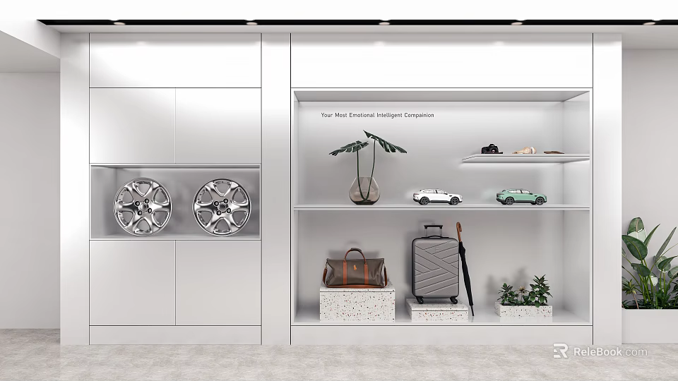 Modern Display Cabinets and Shelves Featuring Silver Wheel Rims Car Models Leather Bag and Suitcase 3d model 