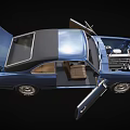 Blue Spirit Car With Open Doors And Hood Revealing Engine And Interior Details