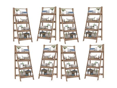 Stylish Wooden Ladder Shelves Displaying Daily Necessities And Decor Items 3d model