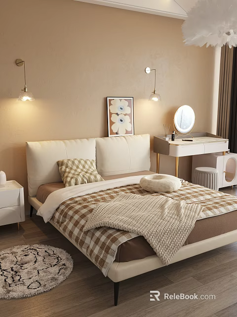 Double Bed With Upholstered Headboard Plaid Bedspread Knitted Blanket Pillows Wall Art And Pendant Lights 3d model 