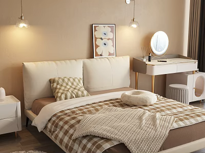 Double Bed With Upholstered Headboard Plaid Bedspread Knitted Blanket Pillows Wall Art And Pendant Lights 3d model