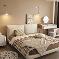 Double Bed With Upholstered Headboard Plaid Bedspread Knitted Blanket Pillows Wall Art And Pendant Lights