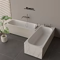 Modern White And Marble Bathtub In Bathroom With Faucet Potted Plant Window Blind Gray Tiles