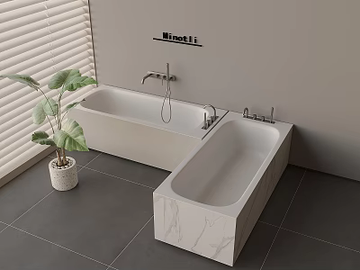 Modern White And Marble Bathtub In Bathroom With Faucet Potted Plant Window Blind Gray Tiles 3d model