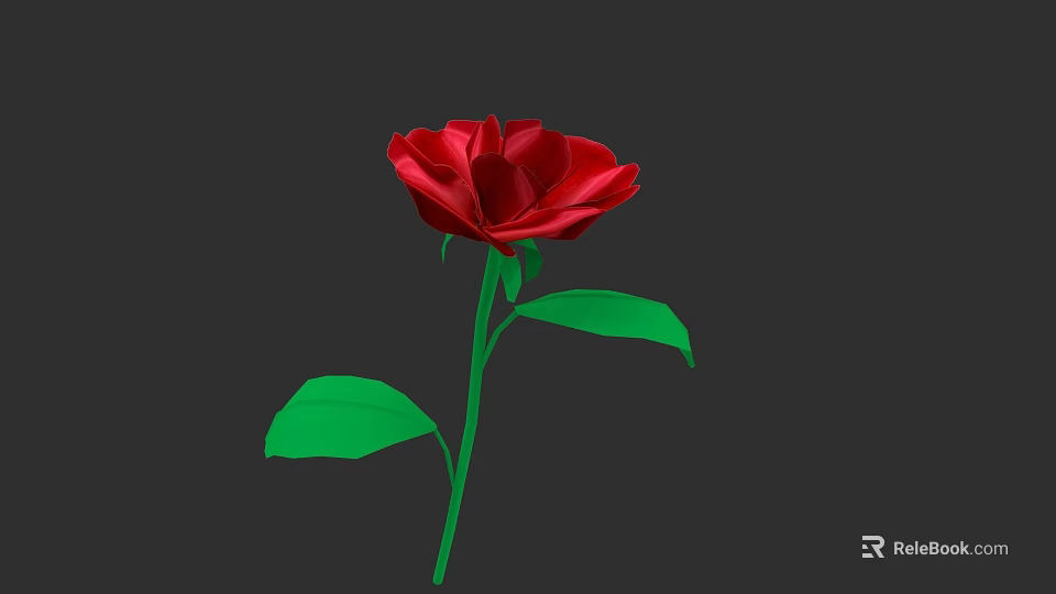 Vibrant Red Rose With Green Stem And Leaves On Dark Background 3d model 