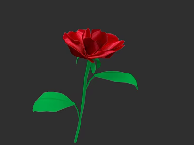 Vibrant Red Rose With Green Stem And Leaves On Dark Background 3d model
