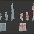 Light Blue And Red White Checkered Household Towels Folded And Hanging On Black Background