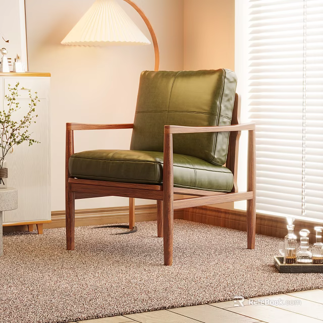 Green Leather Leisure Chair With Brown Wooden Frame And Armrests In Cozy Indoor Space 3d model 