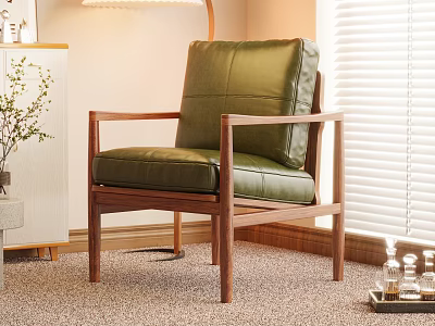 Green Leather Leisure Chair With Brown Wooden Frame And Armrests In Cozy Indoor Space 3d model