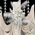 Elegant Wedding Photo Spot With White Drapery Decorative Chandeliers Fresh Flowers Candles And Cake Tower