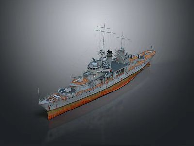 3D Model of Historical Warship With Gray And Orange Hull Superstructure And Masts 3d model