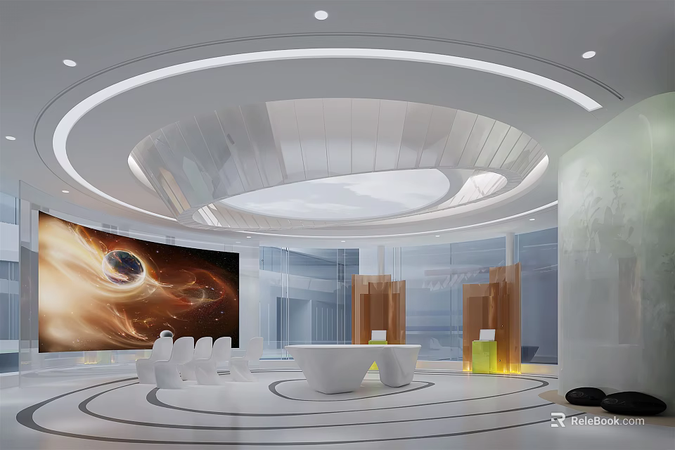 Modern Interior Design With Circular Ceiling Projection Screen Cosmic Image White Furniture And Wooden Decor 3d model 