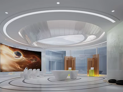 Modern Interior Design With Circular Ceiling Projection Screen Cosmic Image White Furniture And Wooden Decor 3d model