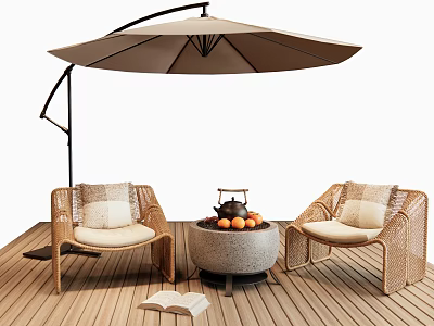 Outdoor Wicker Sofa Set With Fire Pit Patio Umbrella And Wooden Deck 3d model