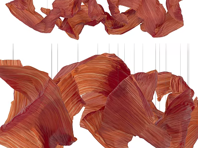 Flowing Red Wavy Hanging Pendant Art Installation with Warm Toned Texture 3d model