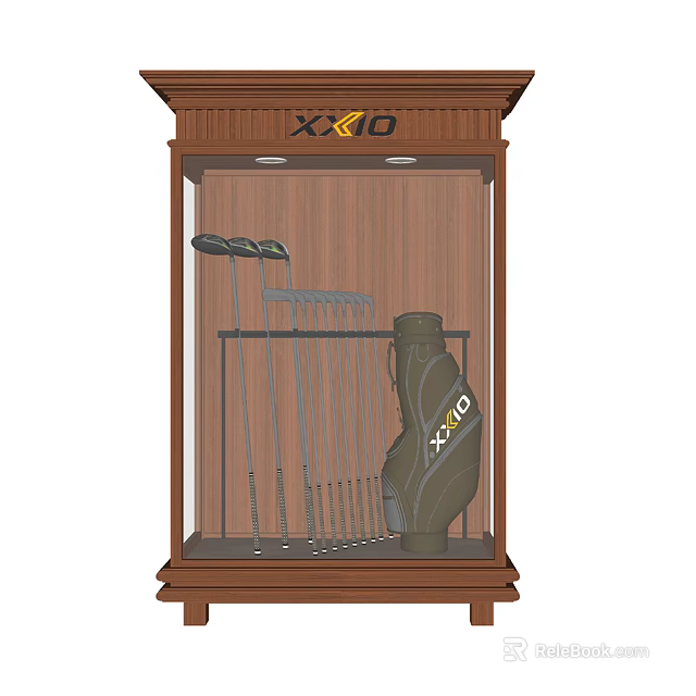 Golf Sports Equipment Display with XIO Clubs and Bag in Wooden Case 3d model 