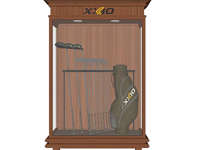 Golf Sports Equipment Display with XIO Clubs and Bag in Wooden Case 3d model