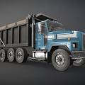 Blue Heavy Duty Dump Truck With Black Dump Bed And Large Wheels