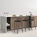 Modern Bar Counter With Marble Top Sink Wine Bottles Food Items And Three Wooden Stools