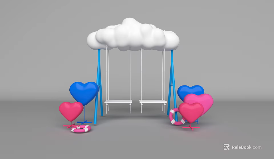 Cloud Shaped Swing with Blue Frames Surrounded by Pink Blue Heart Decorations and Pink Lifebuoy 3d model 