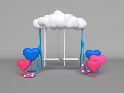 Cloud Shaped Swing with Blue Frames Surrounded by Pink Blue Heart Decorations and Pink Lifebuoy 3d model