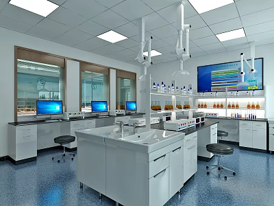 Modern Laboratory Interior Design With Lab Benches Computer Screens And Reagent Shelves 3d model
