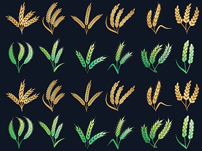 Decorative Wheat Ears Pattern With Gold Green Colors On Dark Background 3d model