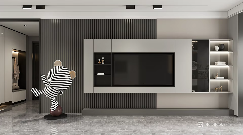 Modern TV Stand Cabinet with Striped Gray Wall and Storage Compartments Design 3d model 