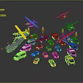 Colorful Toy Cars Display With Toy Planes Trees And Traffic Cones