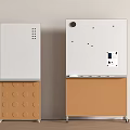 Two Modern Storage Cabinets With Circular Hole Cork Base And White Panels On Wheels