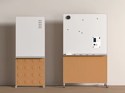 Two Modern Storage Cabinets With Circular Hole Cork Base And White Panels On Wheels 3d model