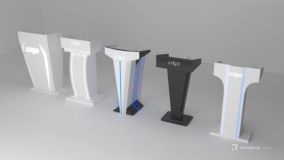 Stylish Functional Podiums With Various Modern Designs LOGO Display White Black Blue Accents For Events 3d model 