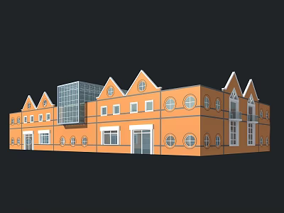 Orange Building Exterior With Gabled Roofs Various Windows And Modern Glass Elements 3d model