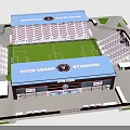 Modern Football Stadium With Blue Roof Seating Stands And Green Football Pitch