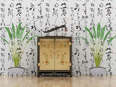 Chinese-style Side Cabinet Gold Foil Hand-painted Lacquer Sideboard 3d model