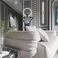 Elegant Living Room Interior With Crystal Chandelier White Sofa And Abstract Wall Painting