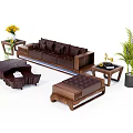 Elegant Dark Sofa Coffee Table Set With Wooden Frame Side Tables And Potted Plant