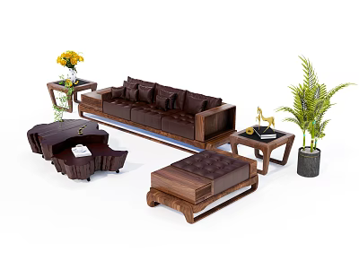 Elegant Dark Sofa Coffee Table Set With Wooden Frame Side Tables And Potted Plant 3d model